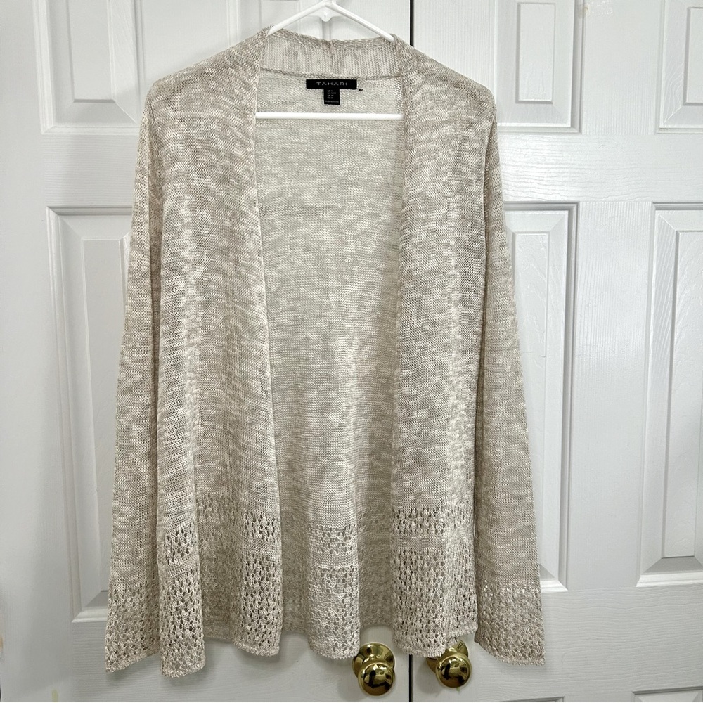 Tahari Linen & Cotton Lightweight Pointelle Knit Open Front Cardigan Sweater Med